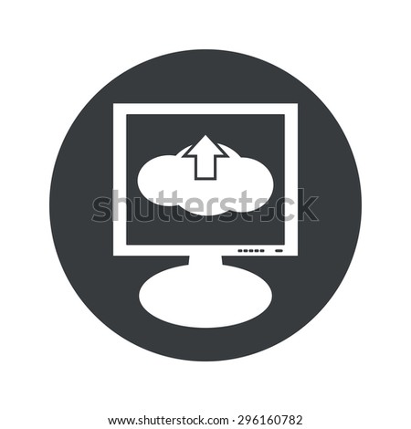 Image of cloud with up arrow on monitor, in black circle, isolated on white