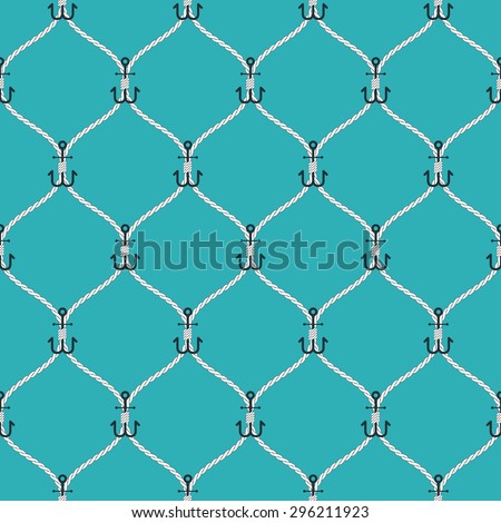Nautical rope and big anchors seamless fishnet pattern on blue background