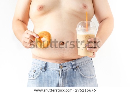 Fat man on donut an coffee white background