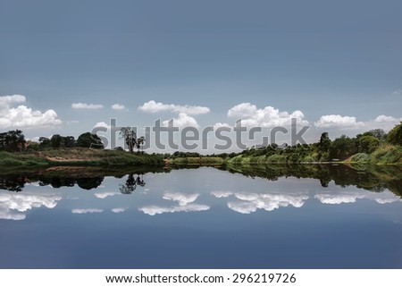 Beautiful of nature - The photo of pastel blue minimal picture with reflection of trees , cloudy sky like a mirror on the water  from countryside of thailand in square
