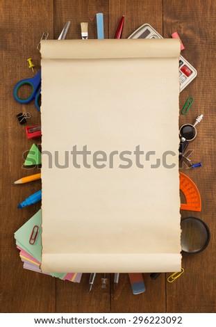 school supplies on wooden background
