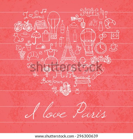 Paris doodles elements. Hand drawn set with eiffel tower bred cafe flowers and bicycle. Drawing doodle collection, in heart shape