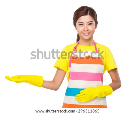 Asian housewife open hand palma with plastic gloves