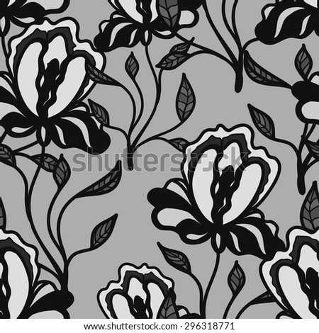Floral vector pattern with iris. Black and white pattern with flowers. Seamless pattern can be used for printing textile, wallpaper , wrapping paper. Linear art. Hand drown texture