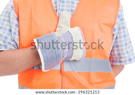 Construction worker hand showing like gesture wearing glove