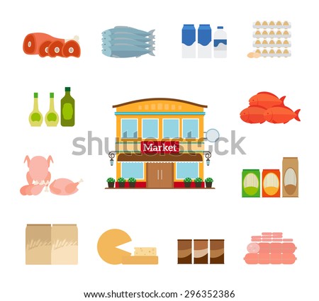 Grocery icons. Cheese and fish, chicken and milk. Grocery store icon