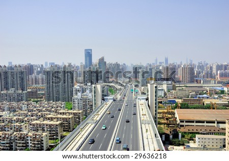 China Shanghai Puxi skyline from the Lupu bridge.