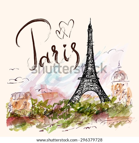 Vector hand drawn illustration with Eiffel tower. Paris. Royalty-Free Stock Photo #296379728