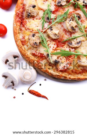 Tasty pizza with vegetables and arugula isolated on white