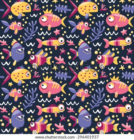 Marine seamless pattern with fishes and algae