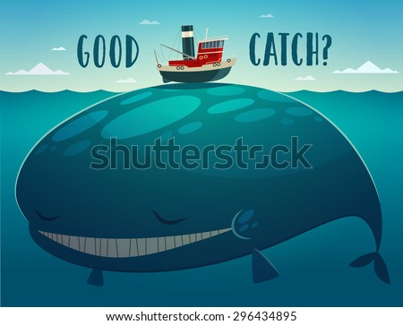 Good catch. Tugboat and whale. Vector illustration.