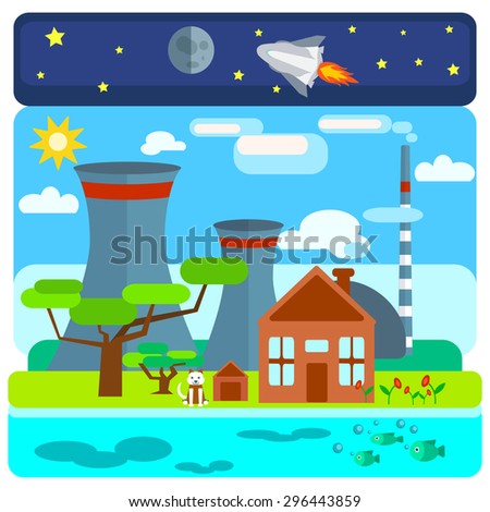 Nuclear power plant on nature background with different ecological structures, water, space, land. The house, the trees, the dog. Vector illustrations