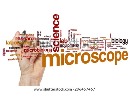 Microscope word cloud concept with science lab related tags
