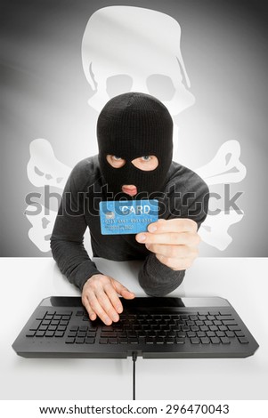 Hacker in black mask with USA state flag on background - Jolly Roger