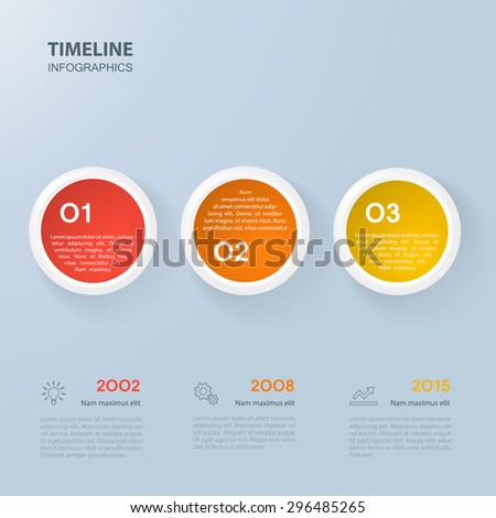 Infographics timeline template with realistic colorful circles for 3 steps and icons. Can be used for workflow layout, diagram, number options, step up options, web design, infographics, presentations