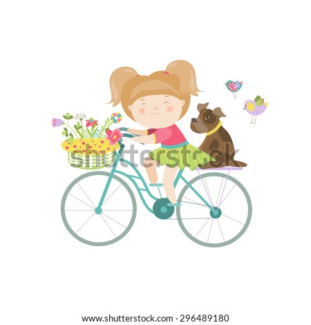 Cute beautiful girl in dress rides a bike. Vector isolated illustration