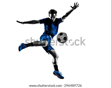 one italian soccer player man playing football jumping in silhouette white background