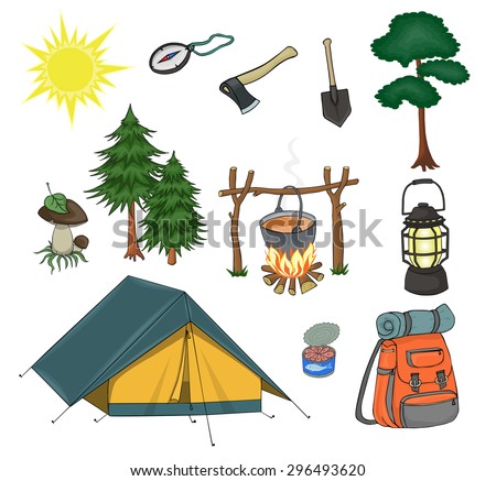  Attributes for camping, yellow tent with turquoise roof, compass, campfire, ax, shovel, lamp, canned fish, orange backpack and  twisted mat and  green spruce, bright sun, boletus  on the grass