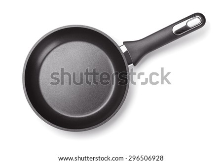 Top view of new empty frying pan isolated on white Royalty-Free Stock Photo #296506928