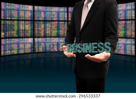 Business text on hands businessman.