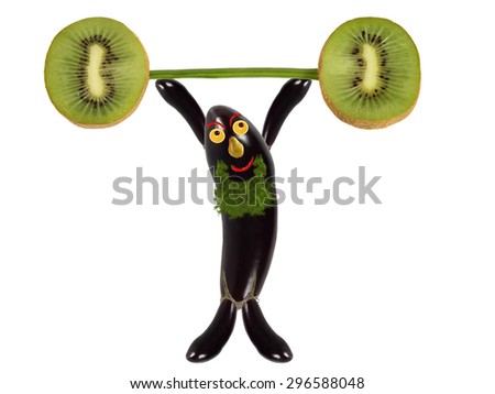 Creative food concept. Funny eggplant raises the bar of kiwi.