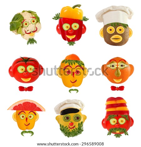 Creative set of food concept. A few  funny portraits from vegetables and fruits.