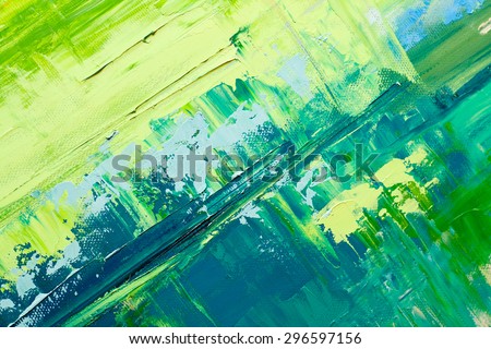 Abstract art  background. Oil painting on canvas. Green and yellow  texture. Fragment of artwork. Spots of oil paint. Brushstrokes of paint. Modern art. Contemporary art.