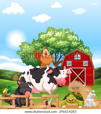 Mixed animals at a farm illustration