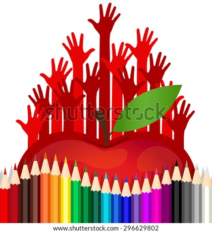 Welcome back to school with Hand, Apple and Color pencils background, vector illustration.