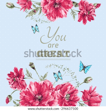 Delicate Vintage Watercolor Floral Card with Bouquet of Red Poppies and Blue Butterflies, Watercolor Vector illustration with Place for Your Text