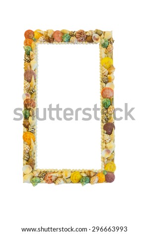 picture frame with blank space inside and shells on white background