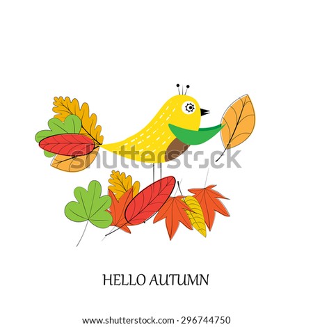 Card with colorful autumn leafs and bird
