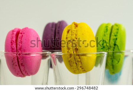 Close up of colorful macarons cakes. Small French cakes. Sweet and colorful dessert with vintage pastel tones in glass