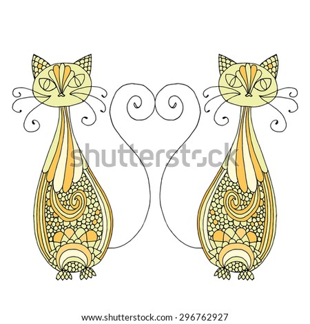Stylized patterned illustration of cats with tails in hart shape 