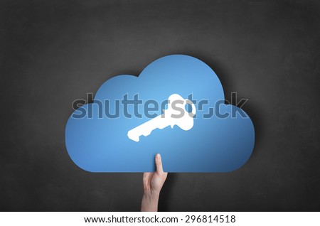 Businessman is holding a blue cloud key icon on blackboard