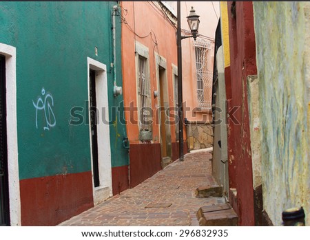 Narrow residential brick-lined street in downtown Guanajuato, Mexico