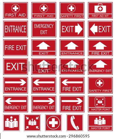 Red safety sign. Vector emergency exit signs set on red background