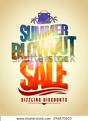 Summer blowout sale lettering vector poster design with tropical silhouette on a backdrop Royalty-Free Stock Photo #296870603
