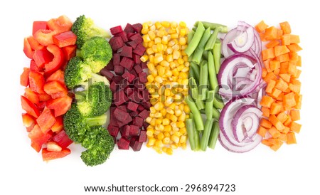 Cut vegetables ready for cooking isolated on white background Royalty-Free Stock Photo #296894723