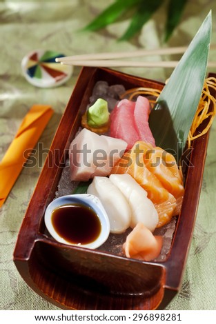 Japanese sashimi sushi set on wooden dish