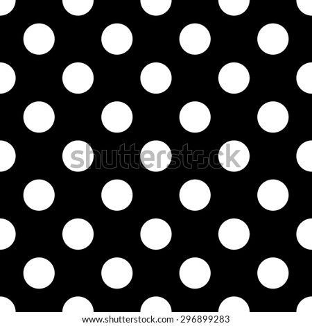 Seamless Background with big Polka Dot pattern. Polka dot fabric. Retro vector background or pattern. Casual stylish white polka dot texture on black background. Royalty-Free Stock Photo #296899283