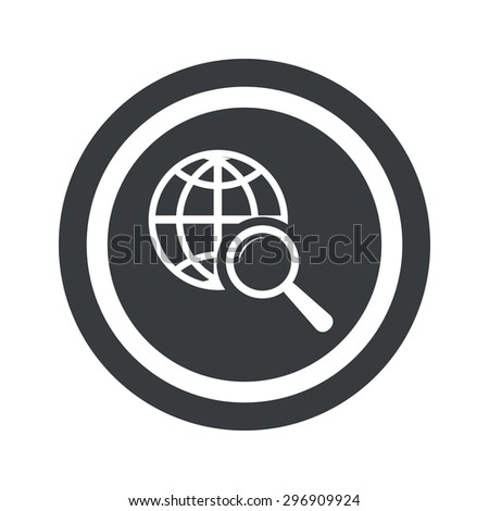 Image of globe under loupe in circle, on black circle, isolated on white