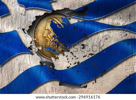 Map of Greece with image of Drachma coin on Greek flag