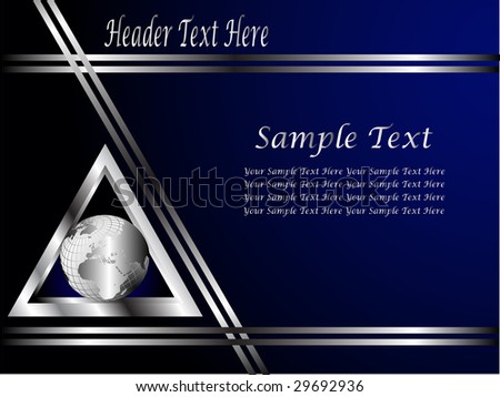 A royal blue and Silver vector Business card or Background Template with a silver globe in a triangle