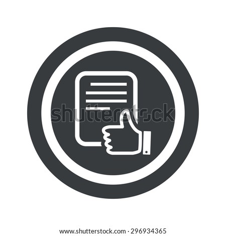 Document page with like symbol in circle, on black circle, isolated on white