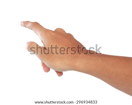 A portrait of forefinger pressing imaginary button, hand gesturing, isolated in white background Royalty-Free Stock Photo #296934833