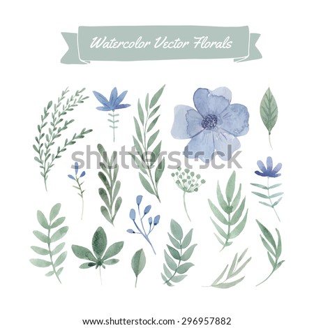 Set of handpainted watercolor vector flowers and leaves.Design element for summer wedding, spring congratulation card. Perfect floral elements for save the date card. Unique artwork for your design. 
 Royalty-Free Stock Photo #296957882