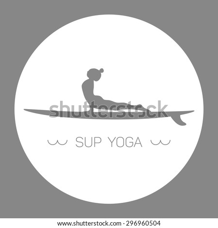 Logo for Stand up Paddle Yoga. Upward-facing dog. Grey and white circle.