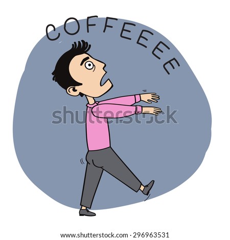Sleeping man-zombie going for coffee. Hand drawn vector illustration.