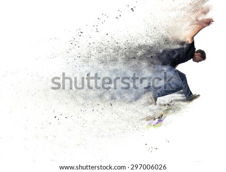 abstract pixelated design of a Boy practicing  and jumping skate in a park